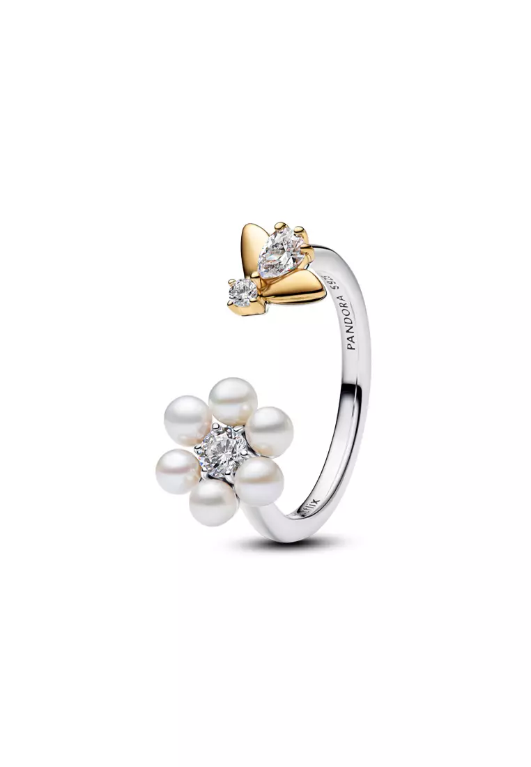 Pandora x Bridgerton 14K Gold Plated Bee & Treated Freshwater Cultured Pearl Flower Open Ring