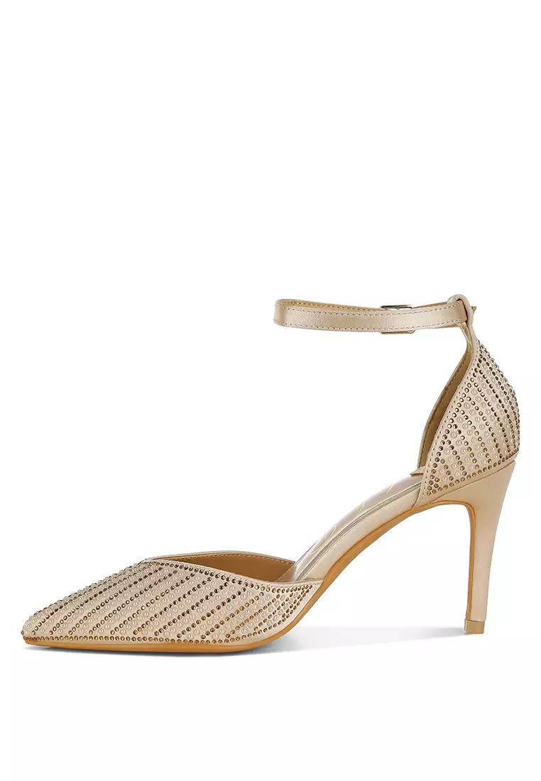 Pearls & Sequins Embellished Stiletto Sandals in Gold