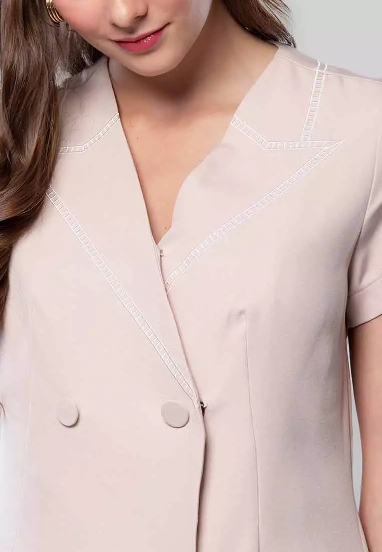 Aveline Double-breasted Dress with Embroidered Fake Collar Detail and Pockets