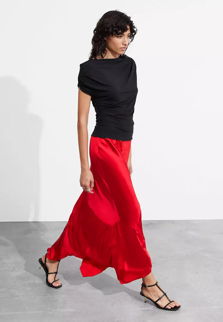 Asymmetric Satin Midi Skirt