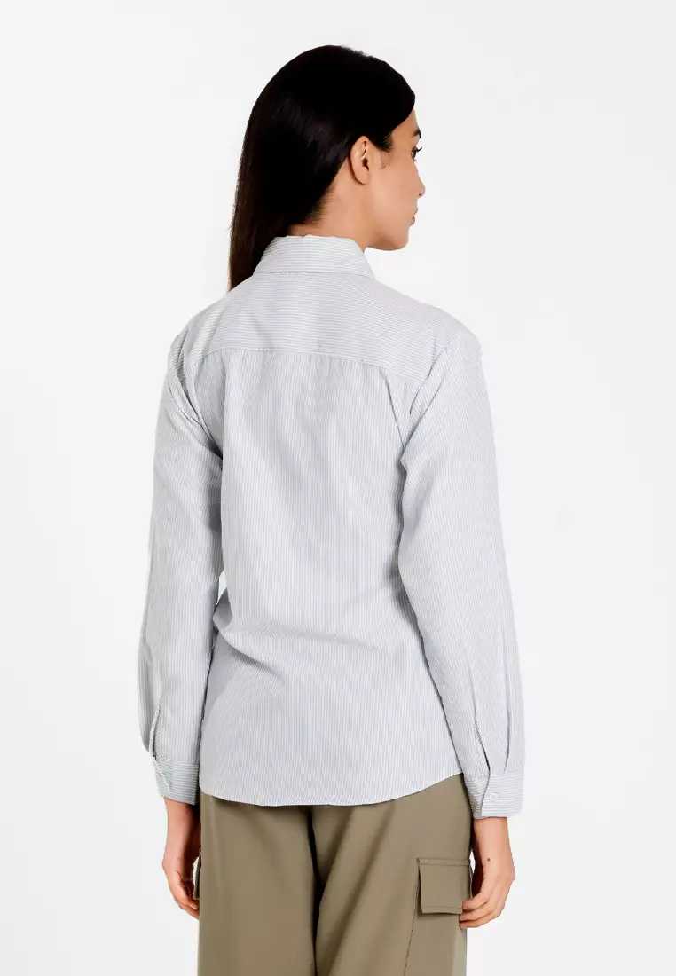 Forest Ladies Poly Cotton Striped Ribbon Shirt Women Long Sleeve Shirt | Baju Kemeja Perempuan - 822509