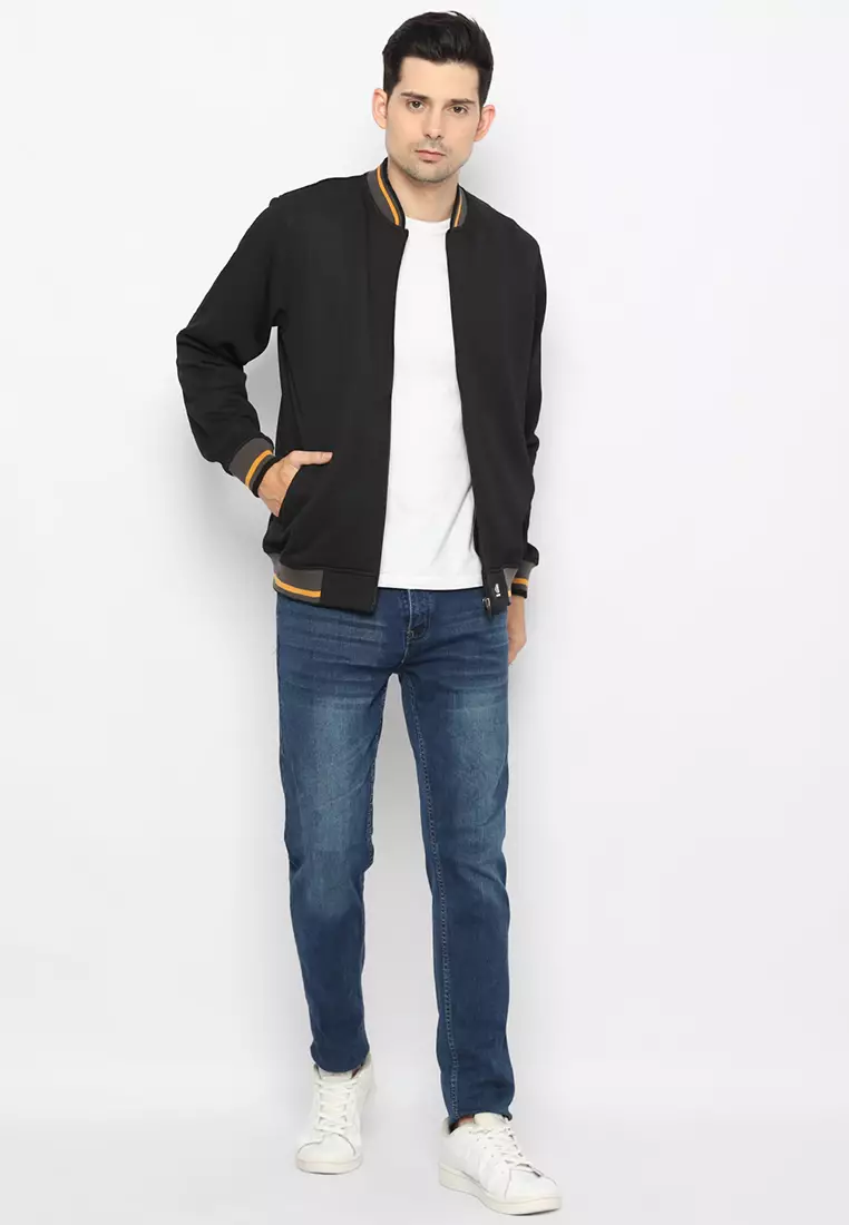 Jaket Bomber Pria - Black With Mustard Strip