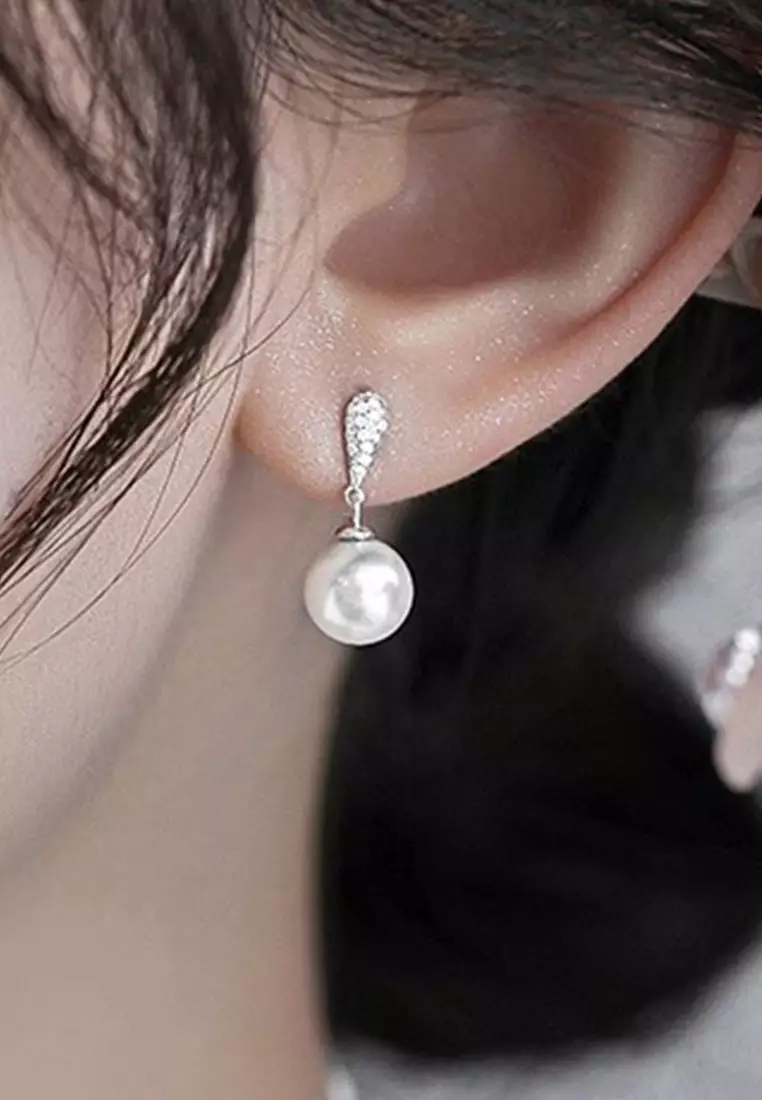 925 Silver Zircon Waterdrop Faux Pearl Earrings JW AR-M05101