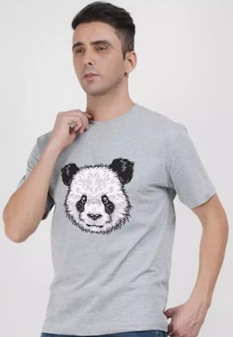 熊猫图案灰色棉质短袖圆领休闲 T 恤