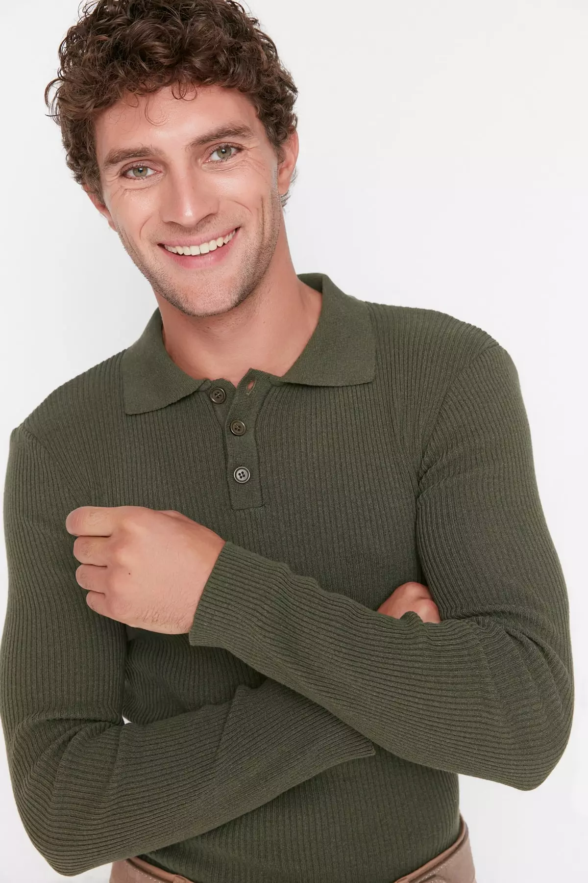Slim Fit Buttoned Polo Neck Corduroy Knitted Sweater