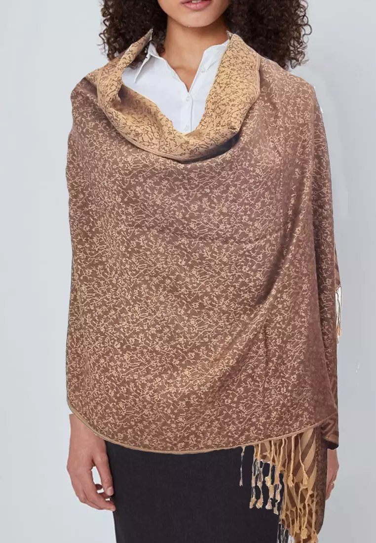 Reversible Viscose Floral Pattern Pashmina Shawl Syal Wanita Golden Brown