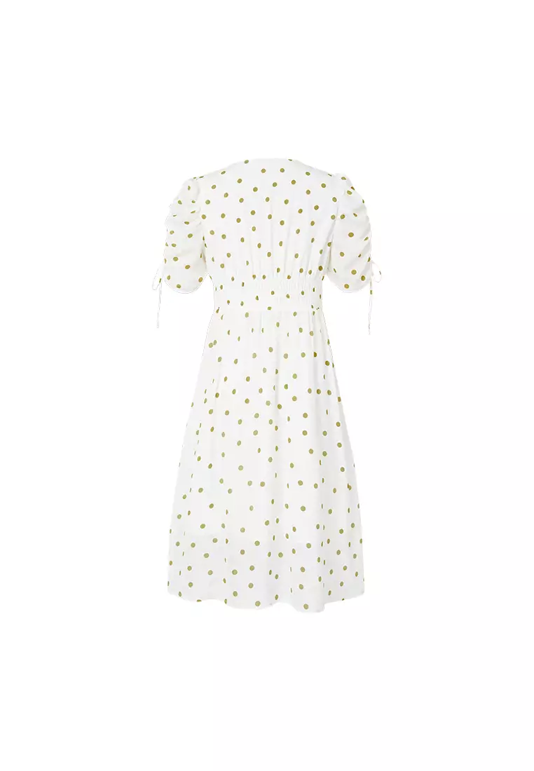 Puff Sleeve V-Neck Shirred Polka Dot Midi Dress