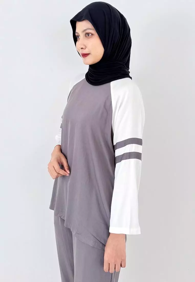 Set Katun Helmi (Setelan Piyama Lengan Panjang Wanita) Abu-Abu