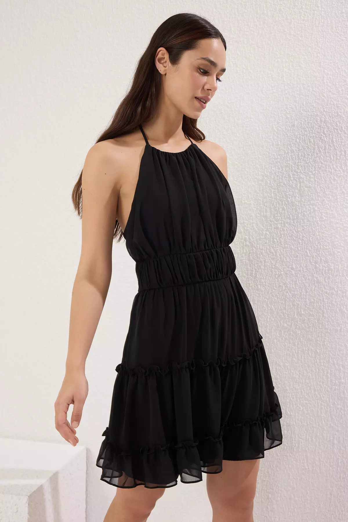 Black Plain Skirt Waist Opening Short / Mini Woven Dress TWOSS25EL00415