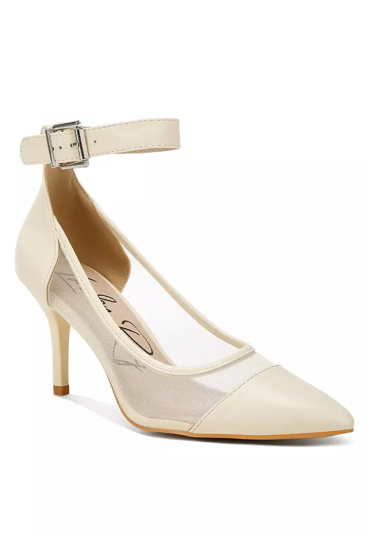 Beige Pointy Toe Ankle Strap Pumps