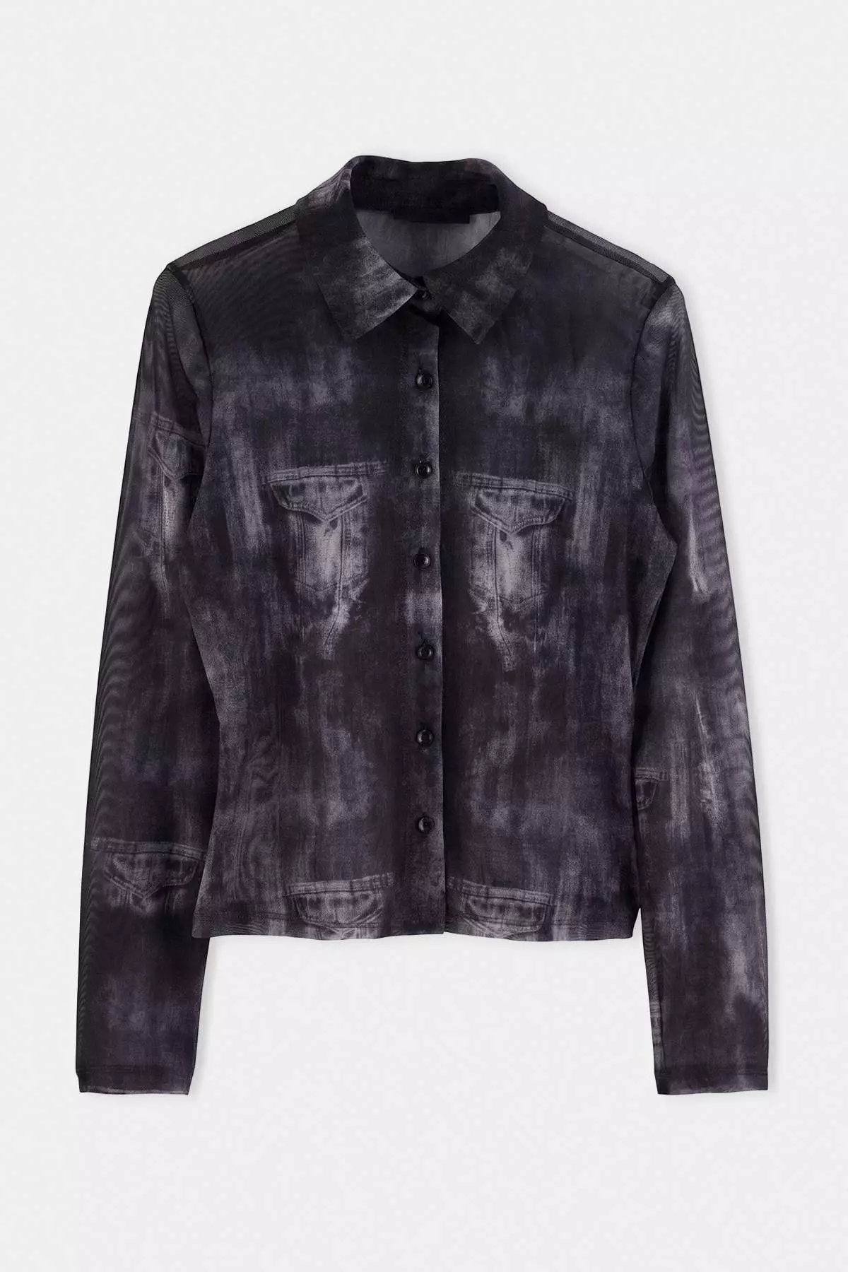 Multi-Colored Abstract Patterned Fitted Shirt Collar Tulle Knitted Blouse