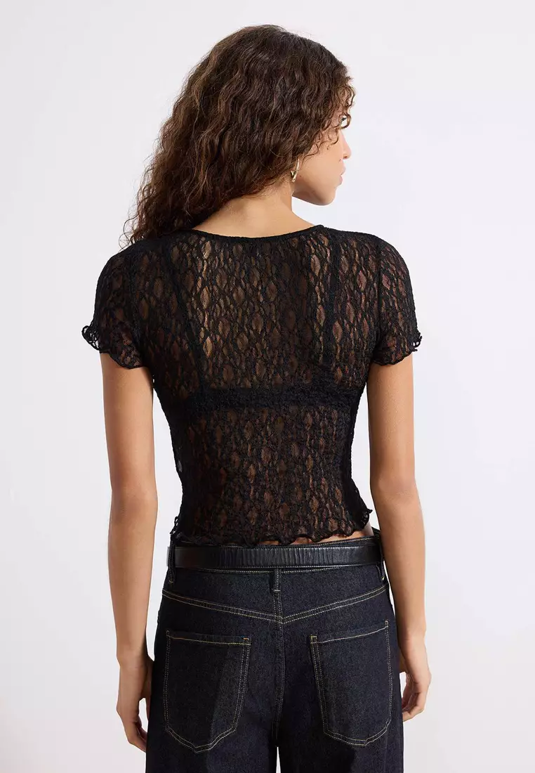Black Fitted/Bodycon Short Sleeve Accessory Detailed Lace Knitted Blouse Twoss26Bz161