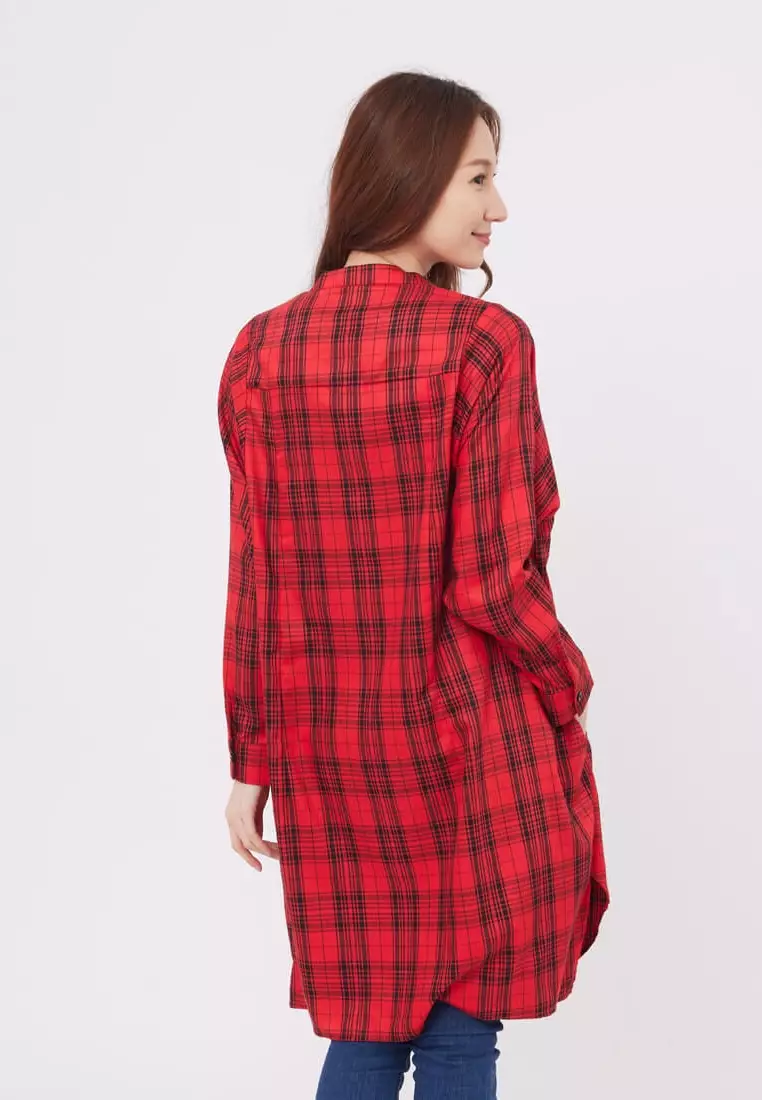 so that's me Katy Relaxed Long-Sleeve Glen Plaid Shirt Dress/ Red