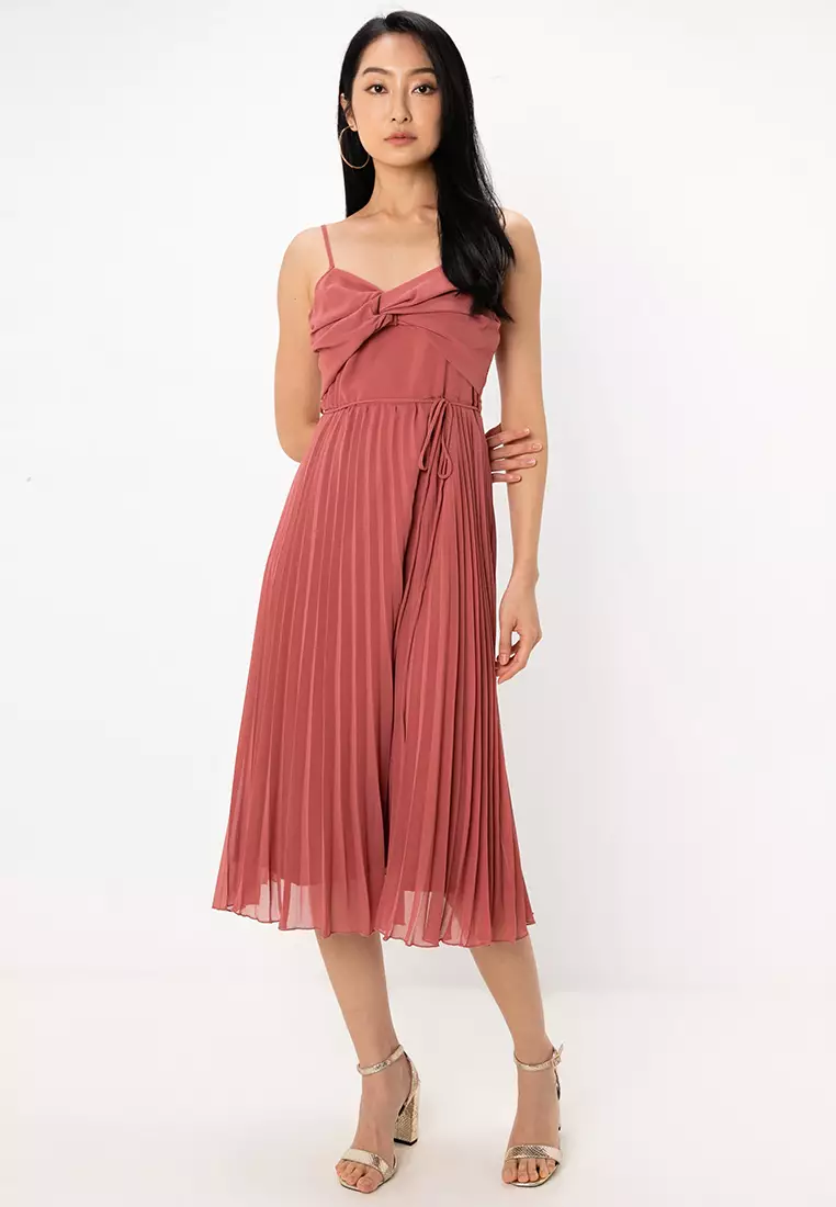 Twist Front Pleated Cami Midi Dress With Belt