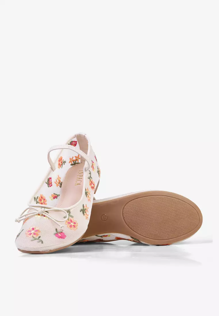 Lyla Mary Jane Mesh Flat Shoes Embroidery Ballerina Flower Cream