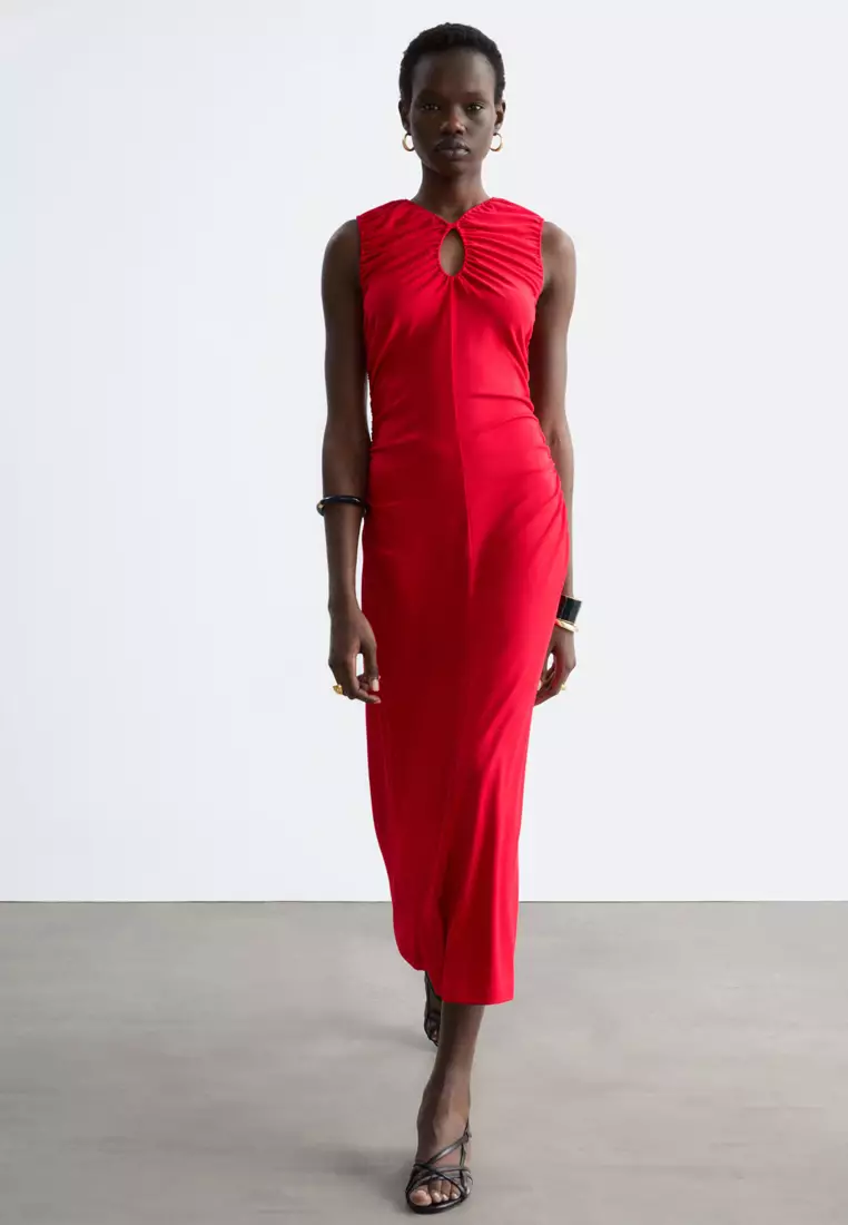 Ruched Keyhole-Neck Midi Dress