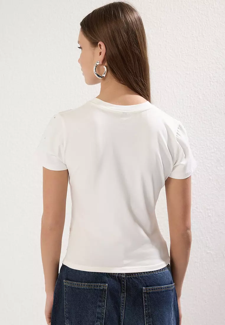White Stone Asymmetric Fitted/Fits Body Knitted T-Shirt Twoss25Bz00277