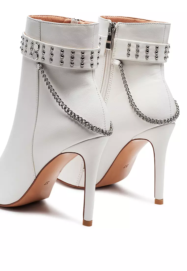 Faux Leather Stud Strap Detail Stiletto Boot in White