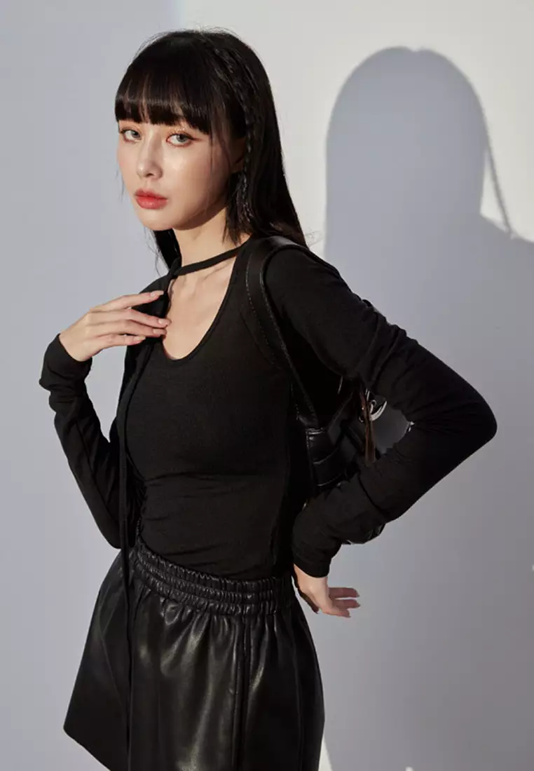 Long Sleeve Top With Tie-Front Strap Neckline