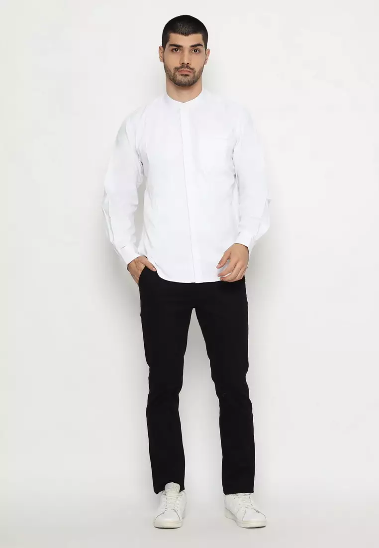 POLICE Kemeja Koko Polos Putih Regular Fit Lengan Panjang Pria