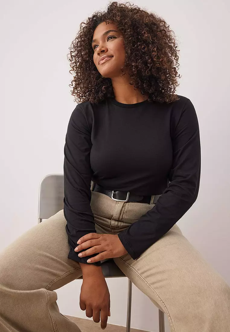 Black 100% Cotton Long Sleeve Crew Neck Regular Basic Knitted Plus Size T-Shirt Tbbaw26Bf00000