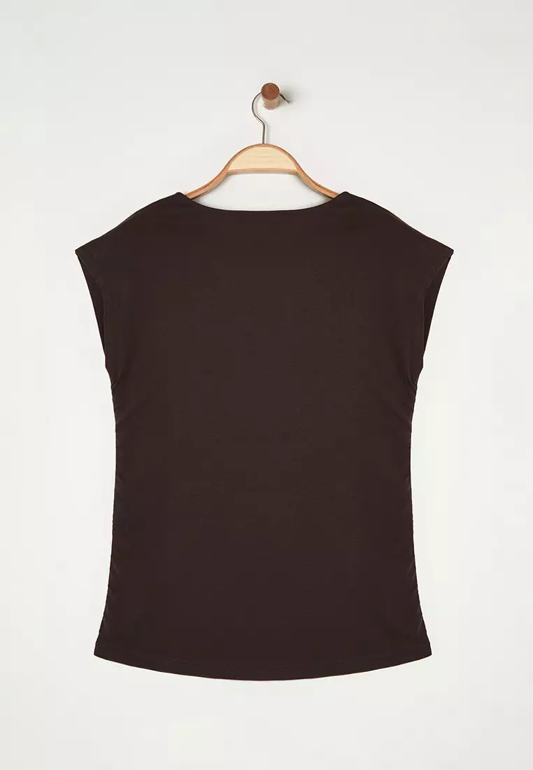 Brown Soft Fabric Asymmetrical Collar 100% Cotton Knitted Plus Size Blouse Tbbss25Af00002