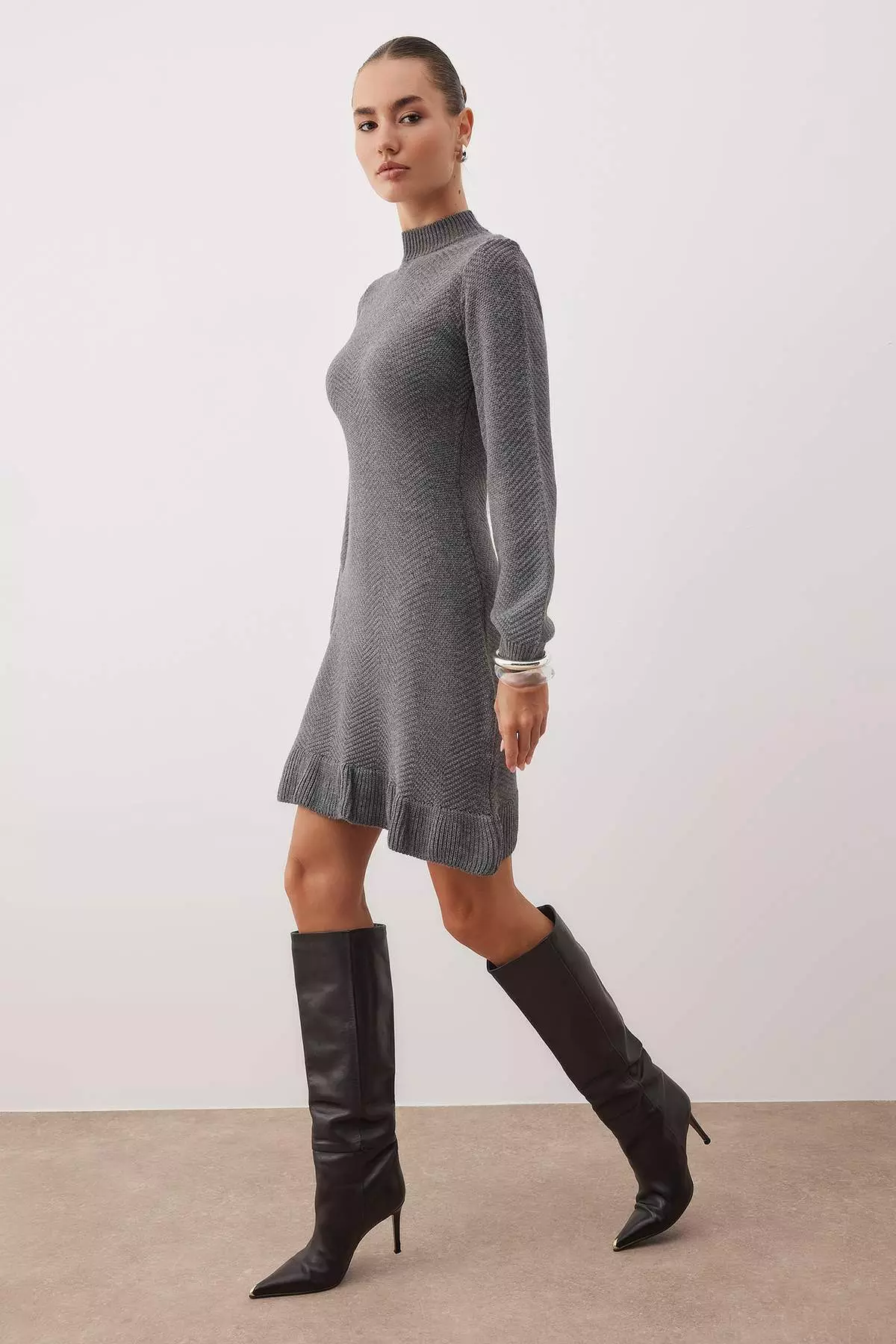 Anthracite Plain Short / Mini Ruffled High Neck Knitwear Dress Twoaw26El99