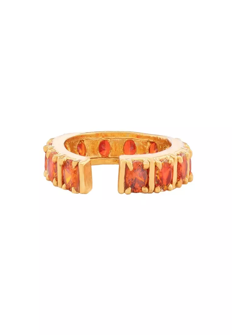 Fancy Gold Plated Band Ring With Multiple Square Orange American Diamonds (Adjustable)