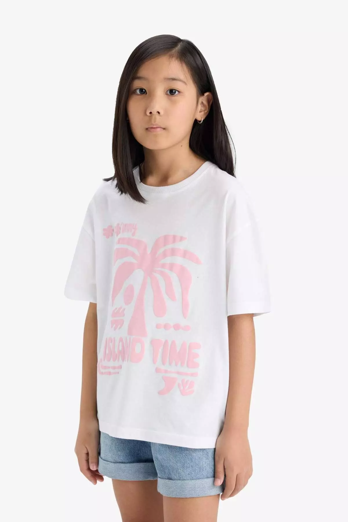 Girls' Oversize Wide Fit Crew Neck Printed Short Sleeve T-Shirt E0392A825Sm