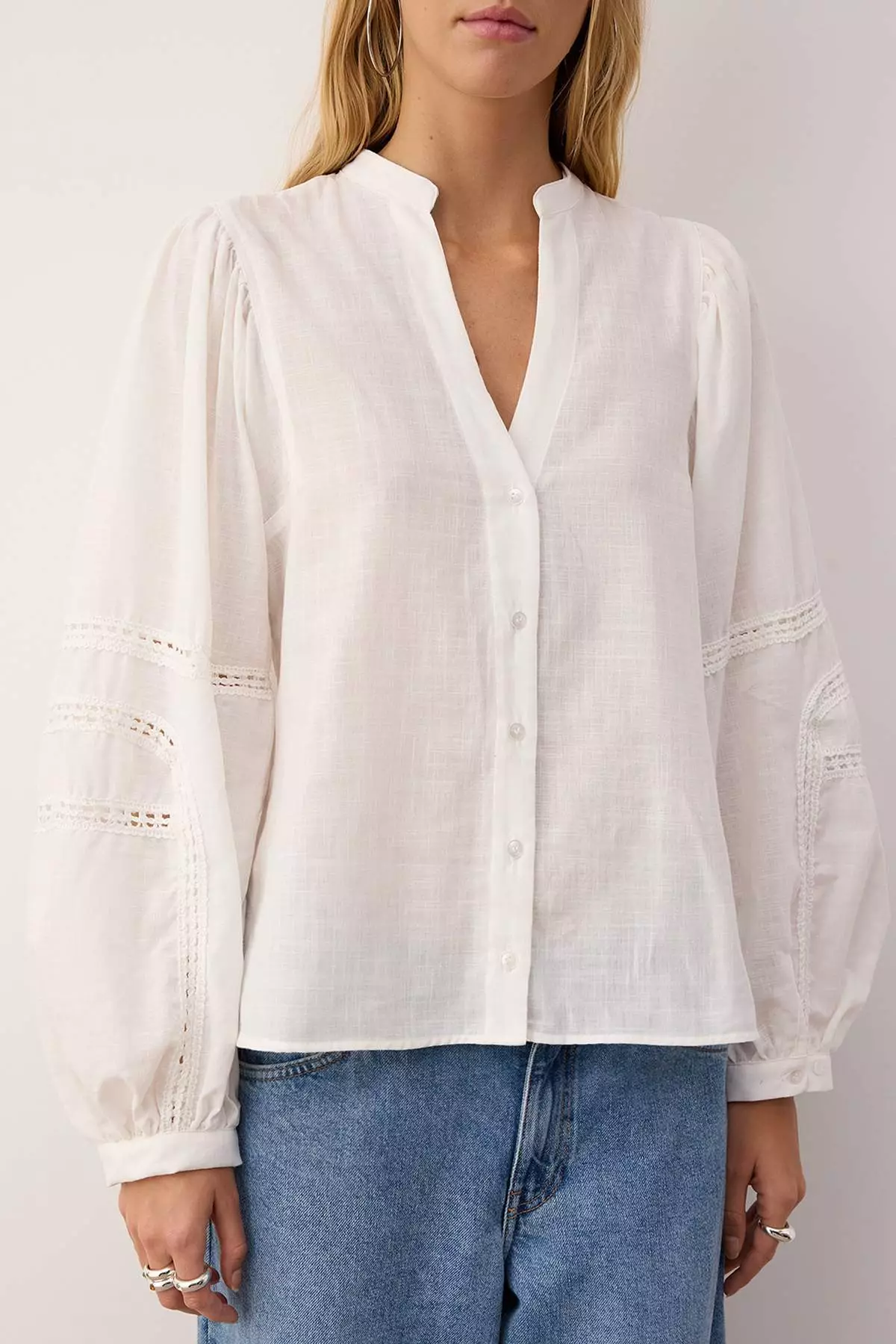 White Boho Shirt With Lace Stripe Detail On Sleeves