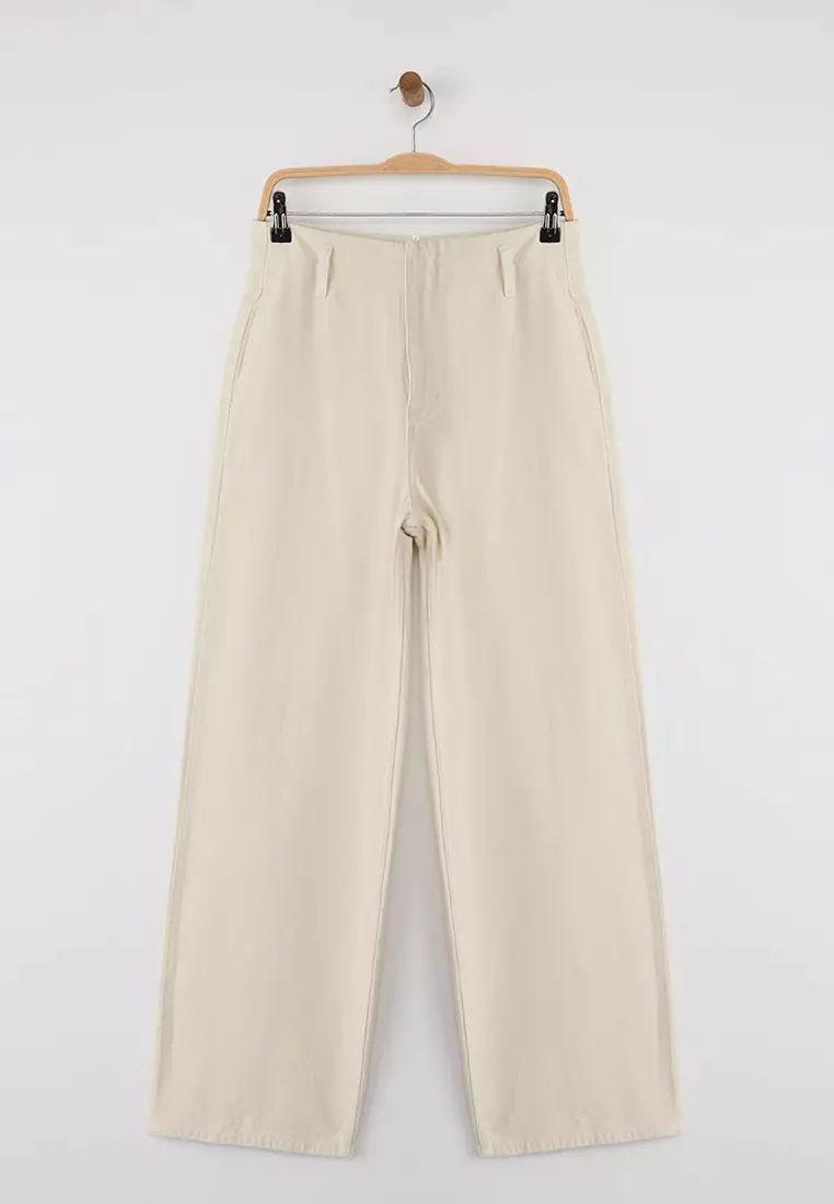 Ecru Pocket Detailed High Waist Barrel Baggy Jeans