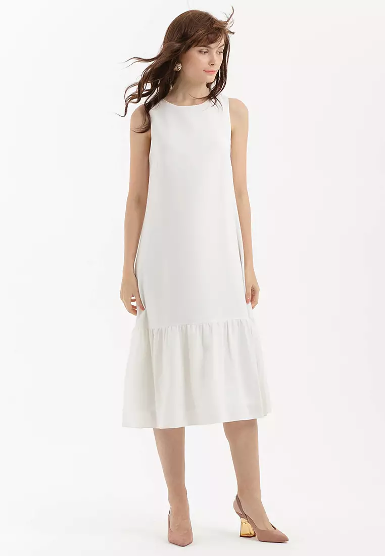 Shift Midi Ruffle Dress in White