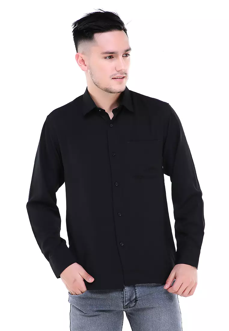 Dwan Atasan Kemeja Pria Formal Casual Longsleeve Plain Shirt Material Cotton ORIGINAL - Black