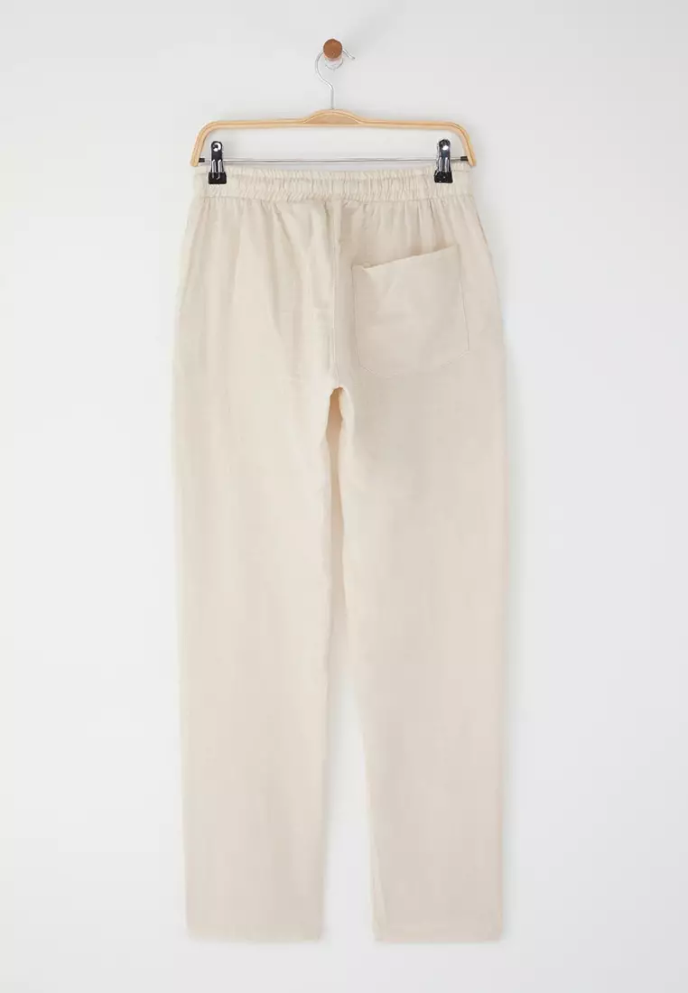 Stone Men's Muslin Fabric Linen Look Summer Elastic Waist 100% Cotton Trousers TMNSS25PL00031
