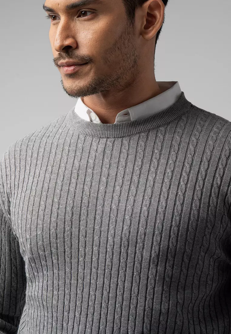 Mens Cable Knit Cotton Sweater Grey LS