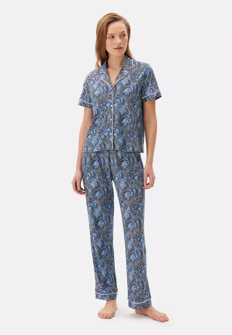 Blue Shirt & Trousers Knitwear Set, Paisley Printed, Shirt Collar, Regular, Long Leg, Short Sleeve Sleepwear for Women