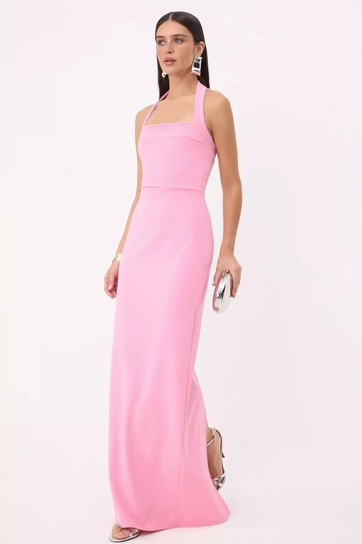 Light Pink Straight Bodycon Woven Finike Maxi Evening Dress & Graduation Gown