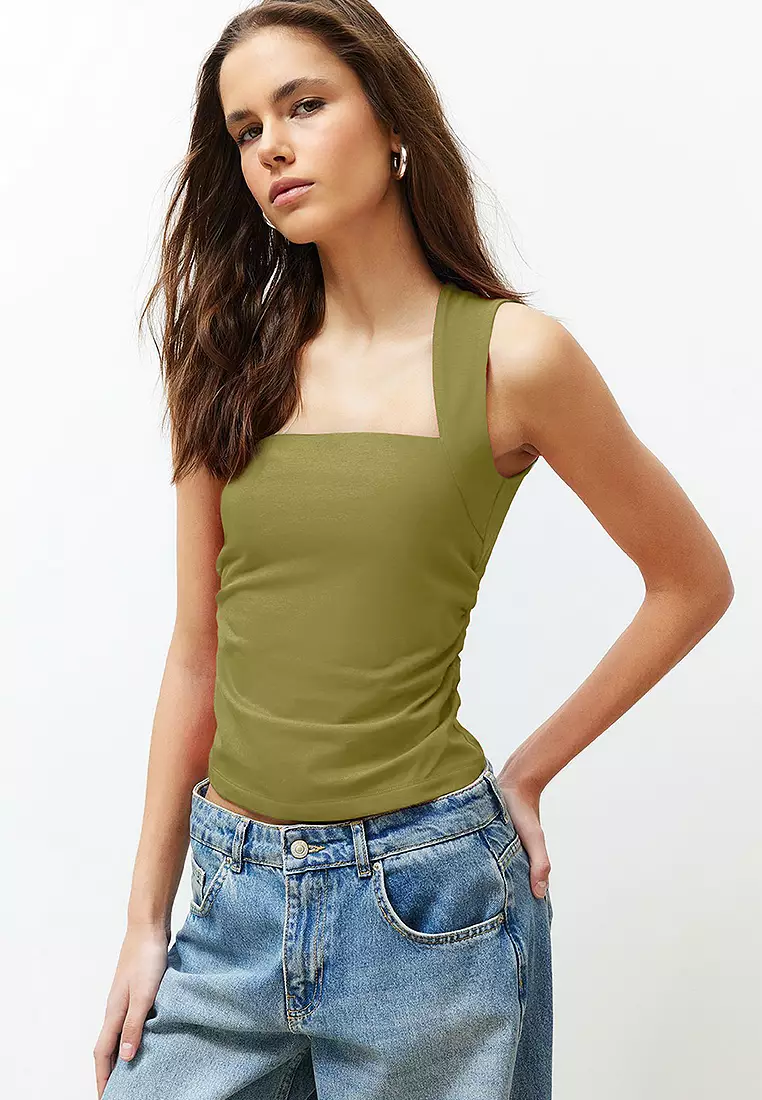 Oil Green Plain Square Neck Strappy Gathered Fitted Flexible Knitted Blouse