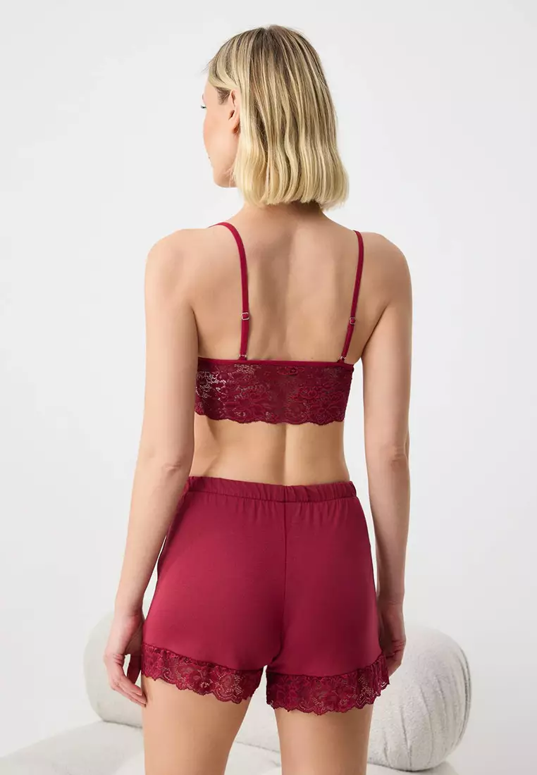 Burgundy 4-Piece Lace Detailed Dressing Gown + Nightgown + Bralet + Shorts Knitted Pajama Set Thmss26Pt93