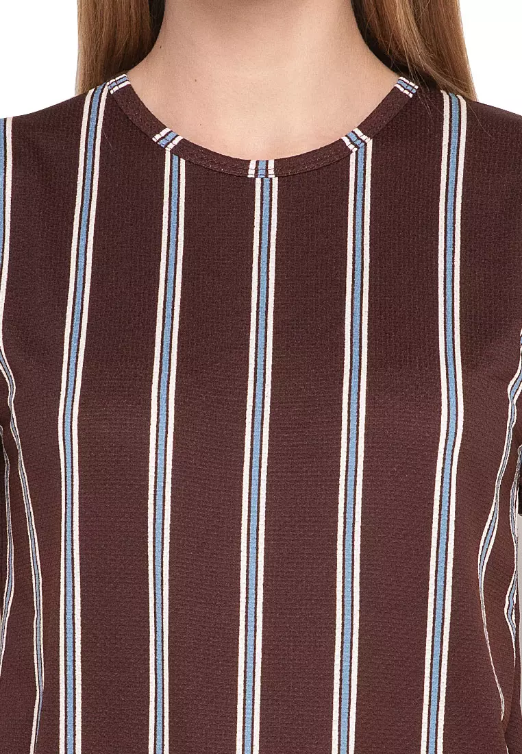 Caldwell Blouse Salur Short Sleeves Atasan Wanita Relaxed Fit - Coklat