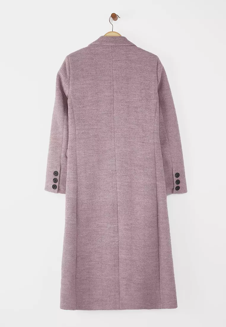 Lilac Houndstooth Fitted Mono Closure Long Cashmere Coat