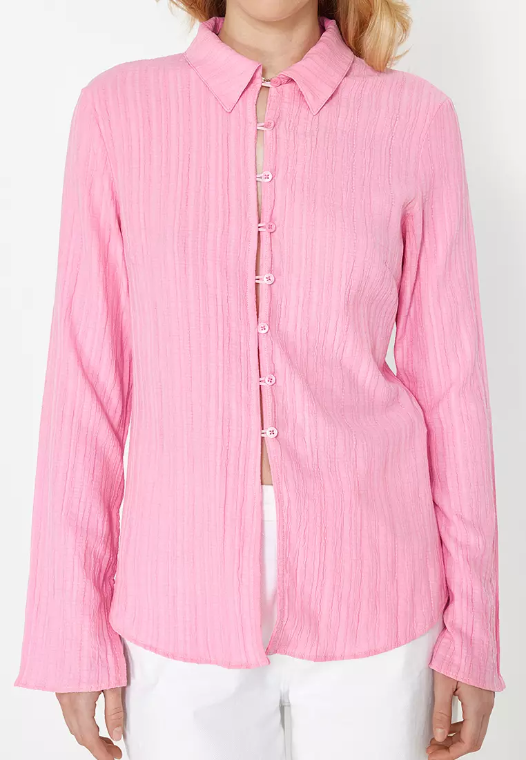 Light Pink Textured Fitted Woven Shirt