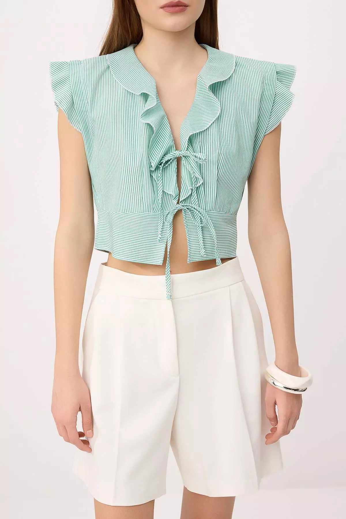 Water Green Striped Tie Detail Woven Blouse Twoss25Bz424