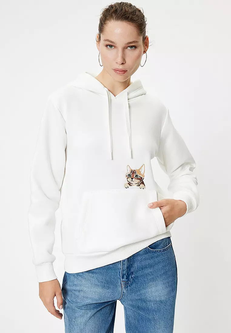 Oversize Hooded Sweatshirt with Pocket Detail and Cat Embroidery