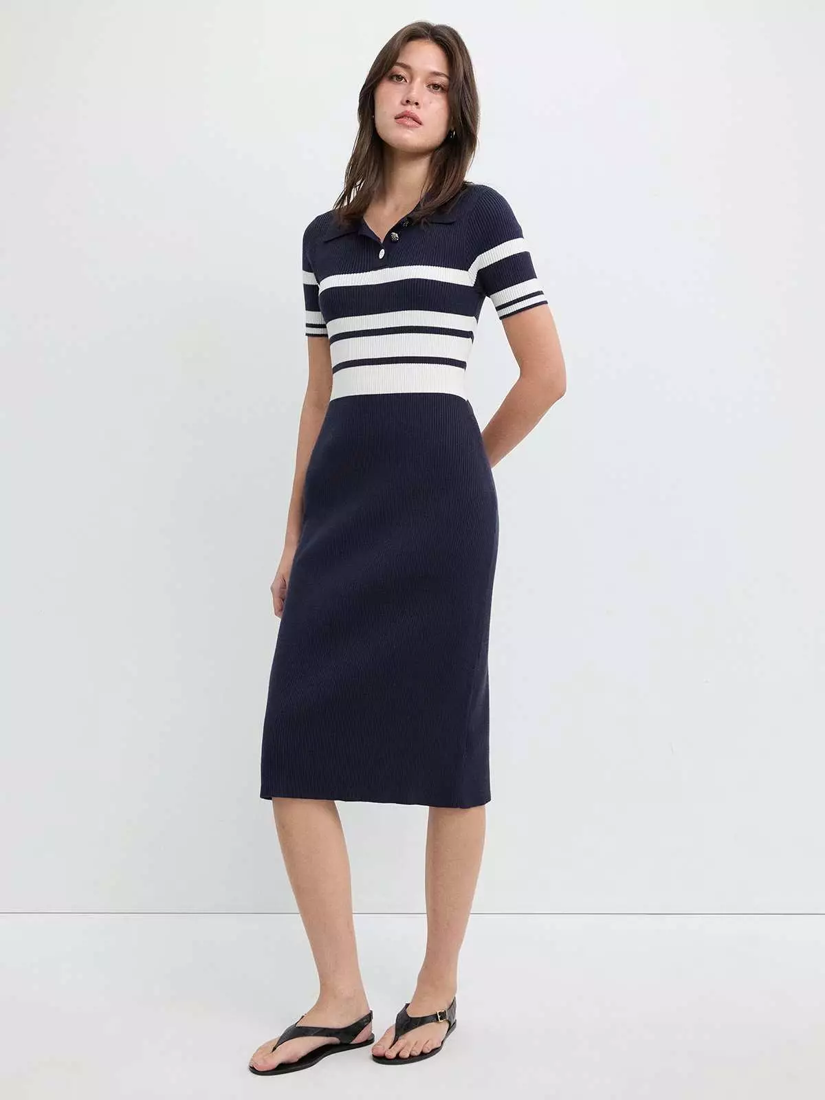 Pomelo - Midi Dress Wanita - Short Sleeve Polo Collar Striped Midi Dress - Navy