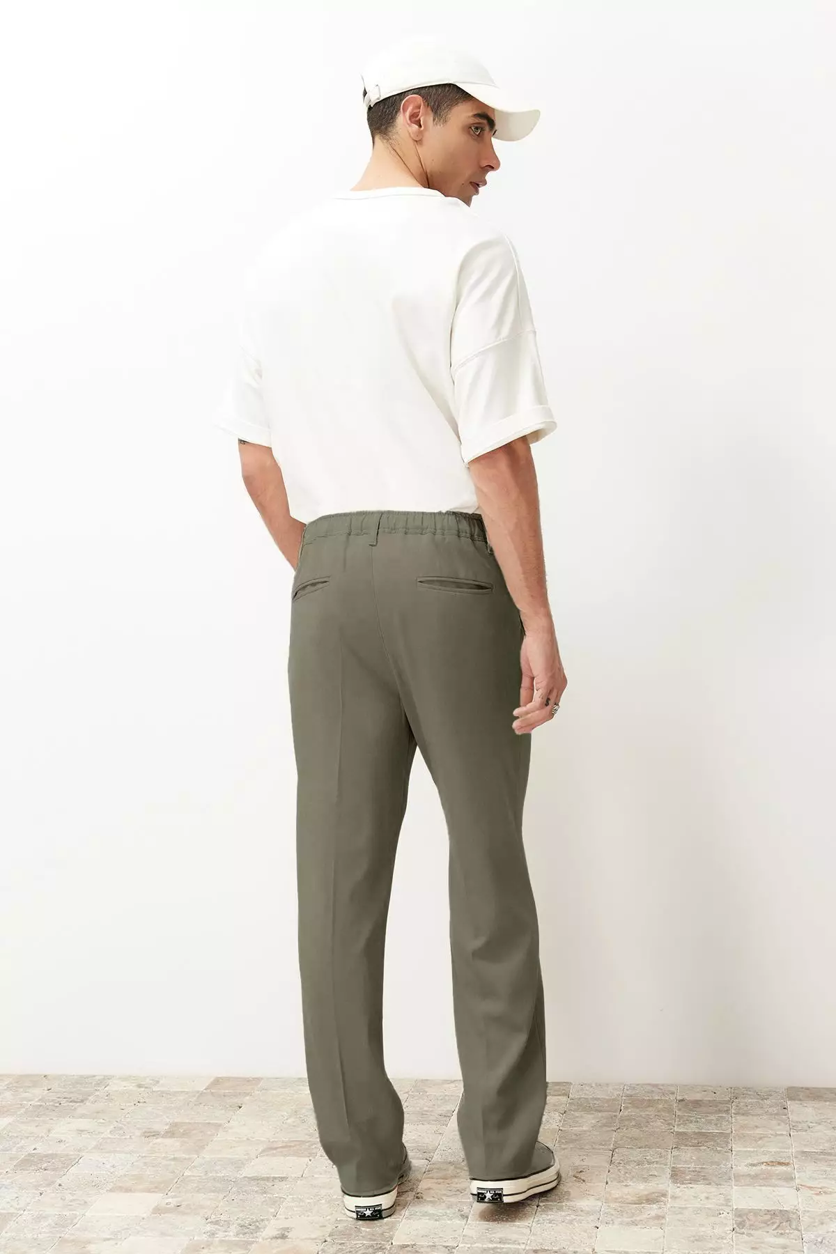 Khaki Pleated Classic Baggy Fit Fabric Trousers TMNSS24PL00024