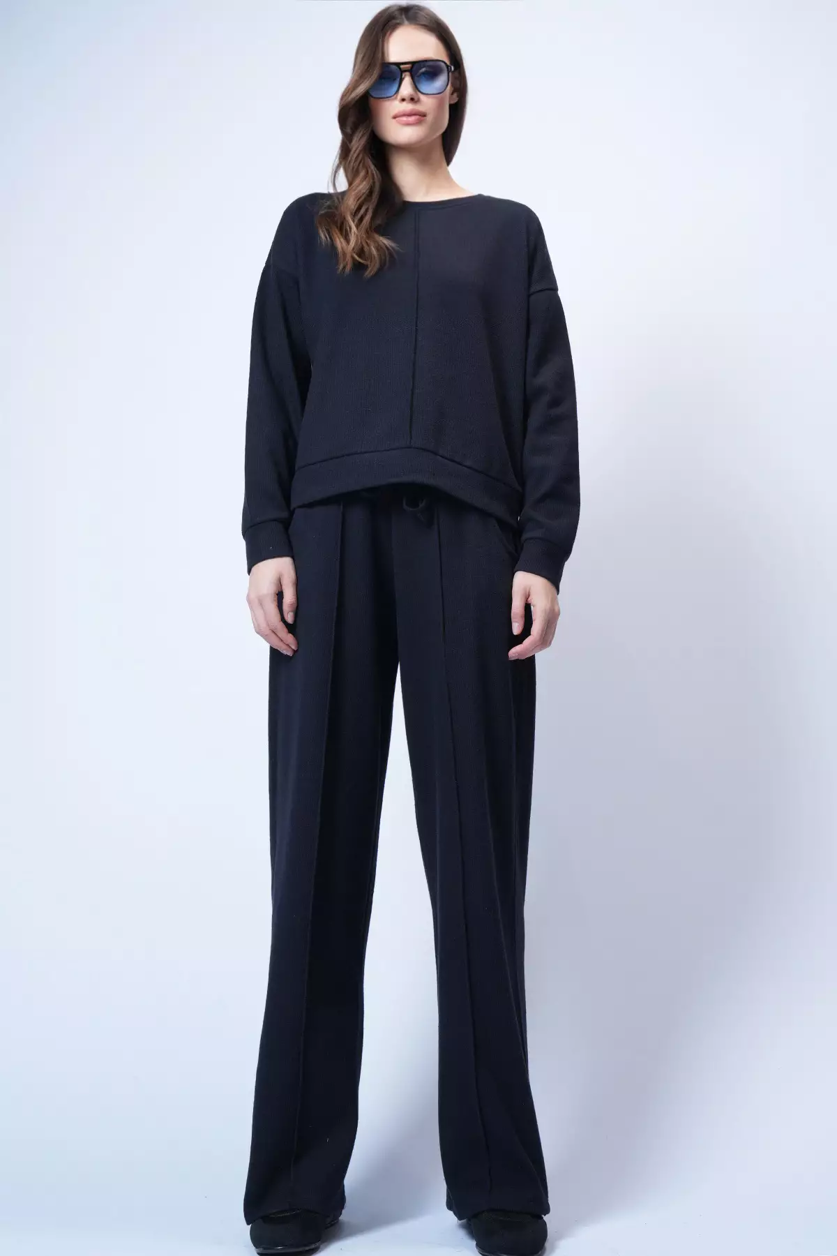 Women'S Navy Blue Crew Neck Ribbed Stitching Blouse And Double Pocket Green Trousers Set Alc-X14543