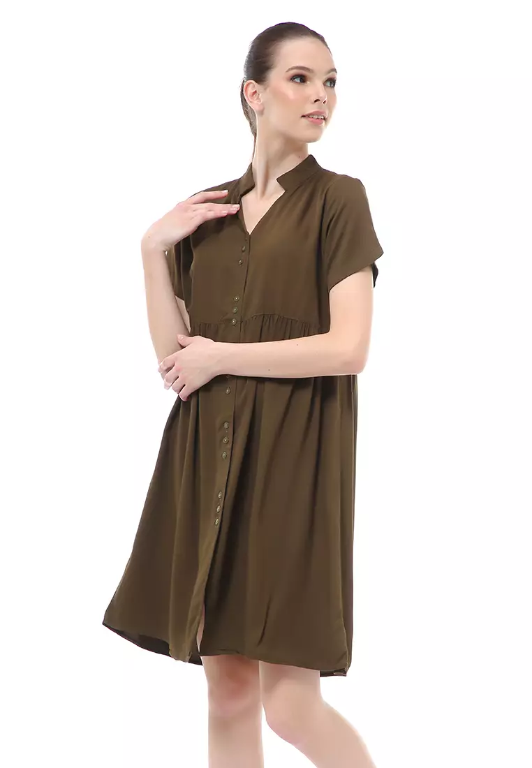 Rachel Dress Wanita Lengan Pendek Full Kancing Stylish Material Cotton ORIGINAL - Army Green