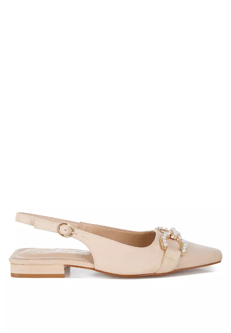 London Rag Pearl-Studded Horsebit Flats In Beige