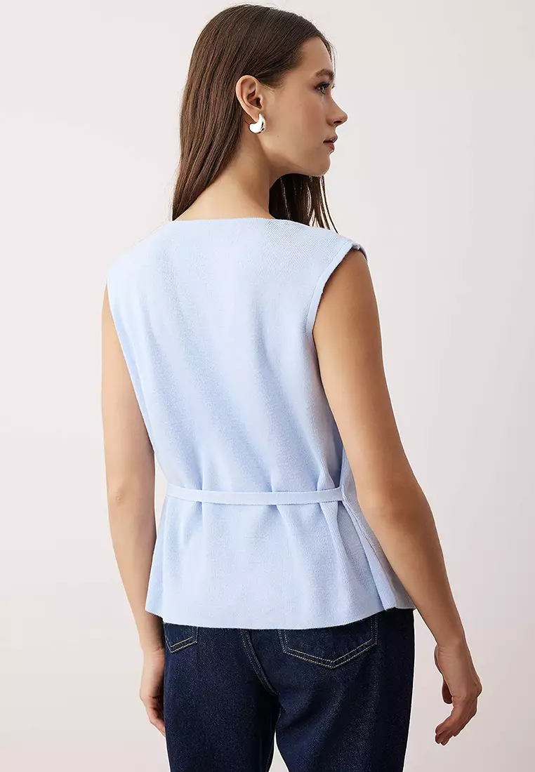Light Blue Mercerized-Look Asymmetric Cowl Neck Knitted Thin Blouse
